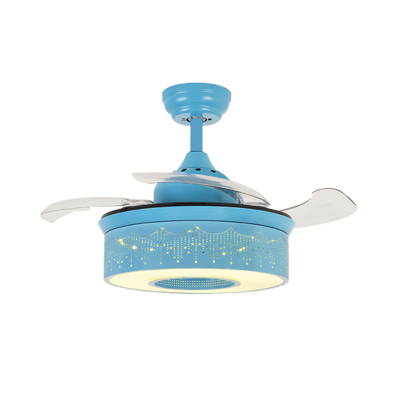 14"/16.5" W Modern LED Fan Lighting Pink/Blue/Green Drum 4 Blades Semi Flush Light with Acrylic Shade, Remote Control Clearhalo 'Ceiling Fans with Lights' 'Ceiling Fans' 'Kids Ceiling Fans' 'Kids' Lighting' 1626716