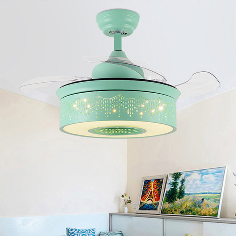 14"/16.5" W Modern LED Fan Lighting Pink/Blue/Green Drum 4 Blades Semi Flush Light with Acrylic Shade, Remote Control Green Wall Control Clearhalo 'Ceiling Fans with Lights' 'Ceiling Fans' 'Kids Ceiling Fans' 'Kids' Lighting' 1626717