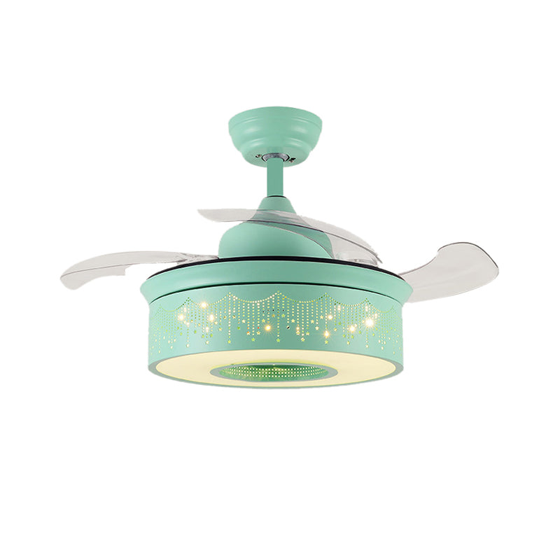 14"/16.5" W Modern LED Fan Lighting Pink/Blue/Green Drum 4 Blades Semi Flush Light with Acrylic Shade, Remote Control Clearhalo 'Ceiling Fans with Lights' 'Ceiling Fans' 'Kids Ceiling Fans' 'Kids' Lighting' 1626718