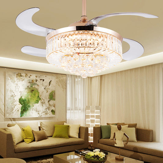 15"/18" Wide Cylindrical Ceiling Fan Light Modernism Crystal LED Gold Gold Remote Control Clearhalo 'Ceiling Fans with Lights' 'Ceiling Fans' 'Modern Ceiling Fans' 'Modern' Lighting' 1626737