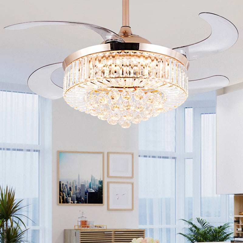 15"/18" Wide Cylindrical Ceiling Fan Light Modernism Crystal LED Gold Gold Wall Control Clearhalo 'Ceiling Fans with Lights' 'Ceiling Fans' 'Modern Ceiling Fans' 'Modern' Lighting' 1626738