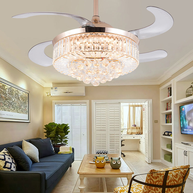 15"/18" Wide Cylindrical Ceiling Fan Light Modernism Crystal LED Gold Gold Remote Control+Wall Control Clearhalo 'Ceiling Fans with Lights' 'Ceiling Fans' 'Modern Ceiling Fans' 'Modern' Lighting' 1626739