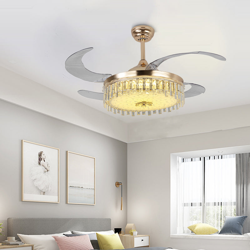 Gold Round Ceiling Fan Light Modern LED Crystal Semi Mount Lighting with Remote Control/Wall Control Clearhalo 'Ceiling Fans with Lights' 'Ceiling Fans' 'Modern Ceiling Fans' 'Modern' Lighting' 1626746