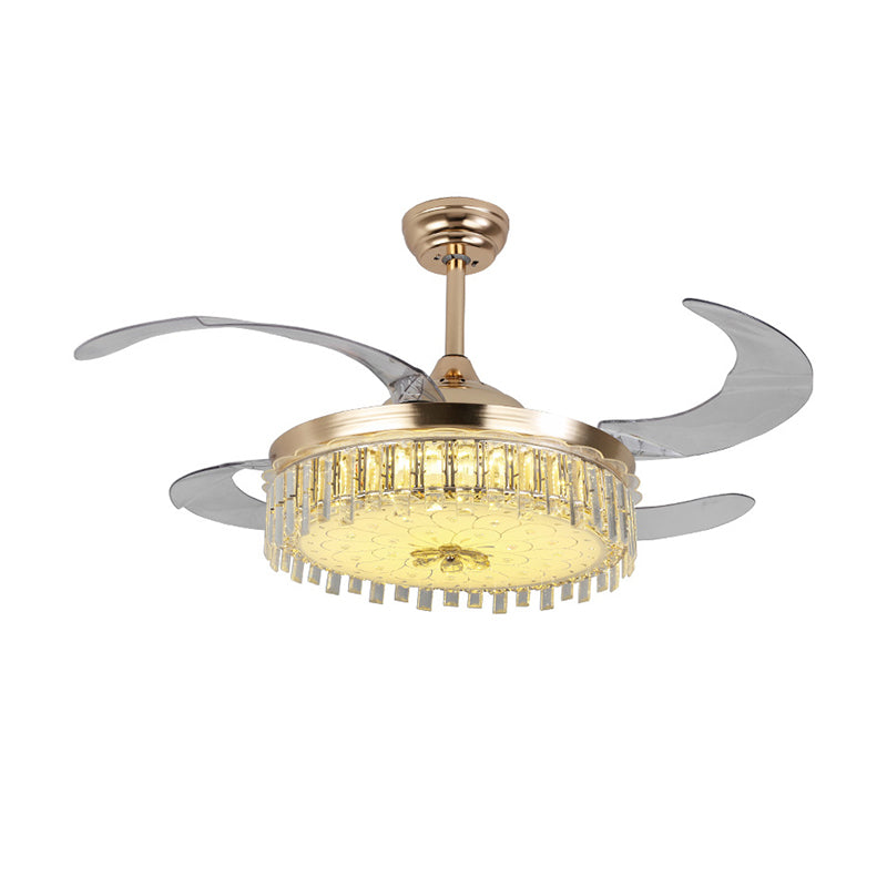 Gold Round Ceiling Fan Light Modern LED Crystal Semi Mount Lighting with Remote Control/Wall Control Clearhalo 'Ceiling Fans with Lights' 'Ceiling Fans' 'Modern Ceiling Fans' 'Modern' Lighting' 1626748