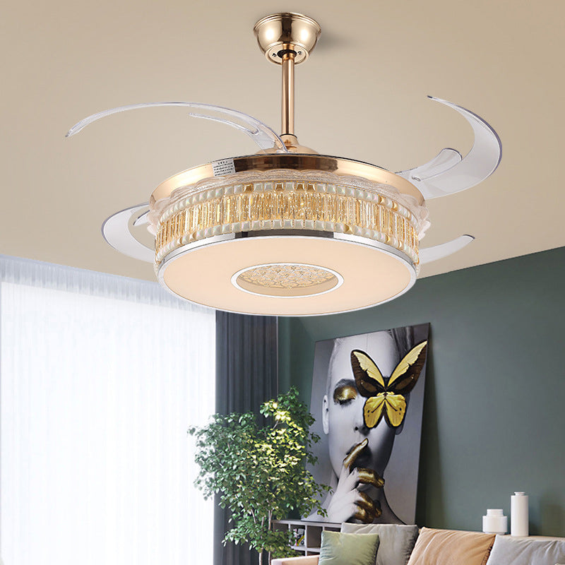 Concave Carved Semi Flush Light Contemporary Gold Finish LED Crystal Block Ceiling Light with Fan Gold Clearhalo 'Ceiling Fans with Lights' 'Ceiling Fans' 'Modern Ceiling Fans' 'Modern' Lighting' 1626764