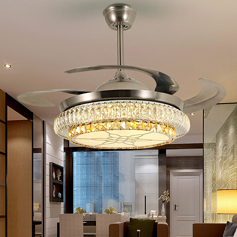 Beveled Crystal Tier LED Ceiling Fan Modern Stylish LED Silver Finish Semi Flush Lamp with/without Bluetooth Clearhalo 'Ceiling Fans with Lights' 'Ceiling Fans' 'Modern Ceiling Fans' 'Modern' Lighting' 1626819
