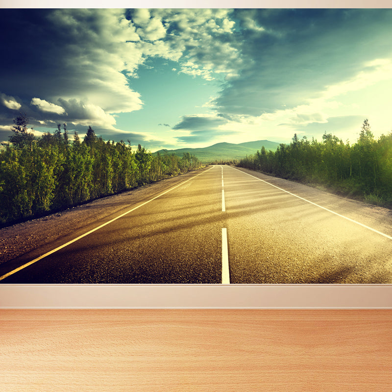 Highway Scene Mural Wallpaper Modern Non-Woven Cloth Wall Covering in Soft Color Aqua Clearhalo 'Wall Decor' 'Wall Mural' 1626978