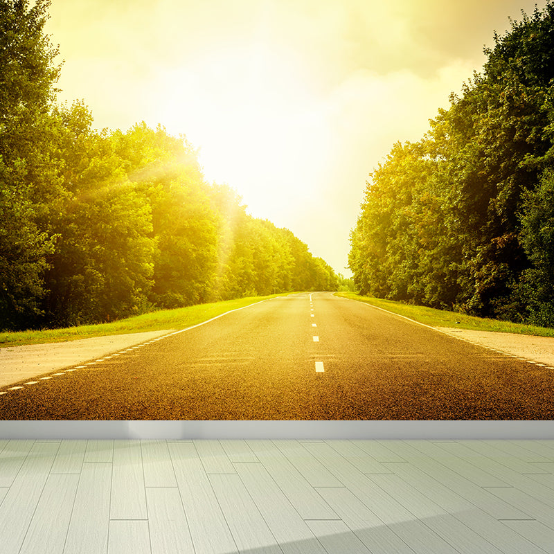 Highway Scene Mural Wallpaper Modern Non-Woven Cloth Wall Covering in Soft Color Yellow Clearhalo 'Wall Decor' 'Wall Mural' 1626983