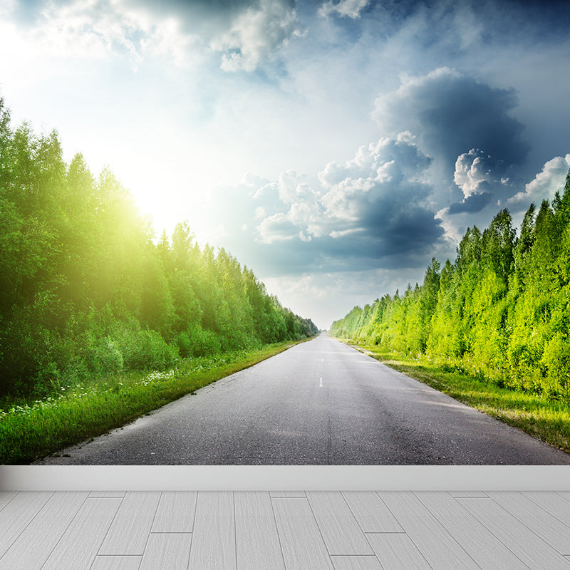 Road and Botanical Wall Mural Modern Decorative Living Room Wall Covering, Personalise Clearhalo 'Wall Decor' 'Wall Mural' 1626995