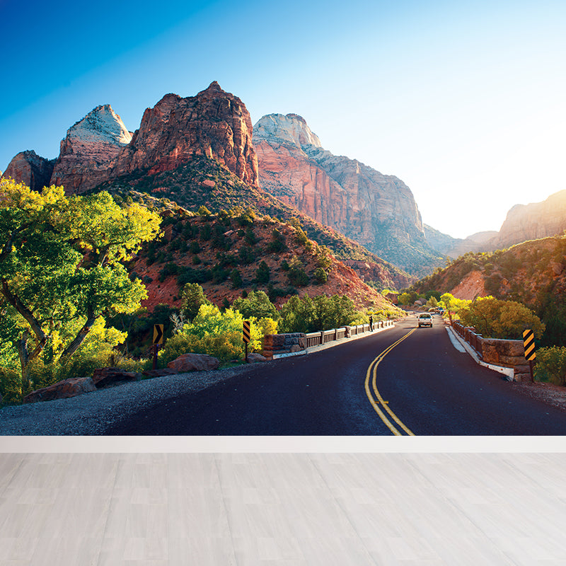 Road and Botanical Wall Mural Modern Decorative Living Room Wall Covering, Personalise Blue Clearhalo 'Wall Decor' 'Wall Mural' 1626998