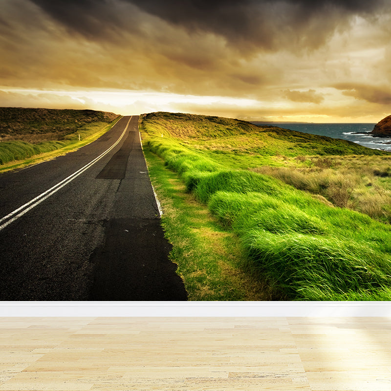 Road and Botanical Wall Mural Modern Decorative Living Room Wall Covering, Personalise Yellow Clearhalo 'Wall Decor' 'Wall Mural' 1627003