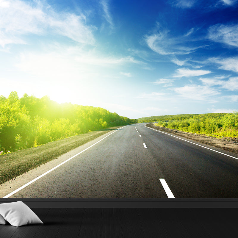 Road and Botanical Wall Mural Modern Decorative Living Room Wall Covering, Personalise Sky Blue Clearhalo 'Wall Decor' 'Wall Mural' 1627008