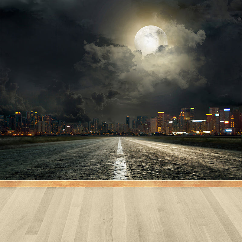 Quiet Roadway Scenery Mural Decal for Dining Room Summer Wall Covering, Customised Black Clearhalo 'Wall Decor' 'Wall Mural' 1627018