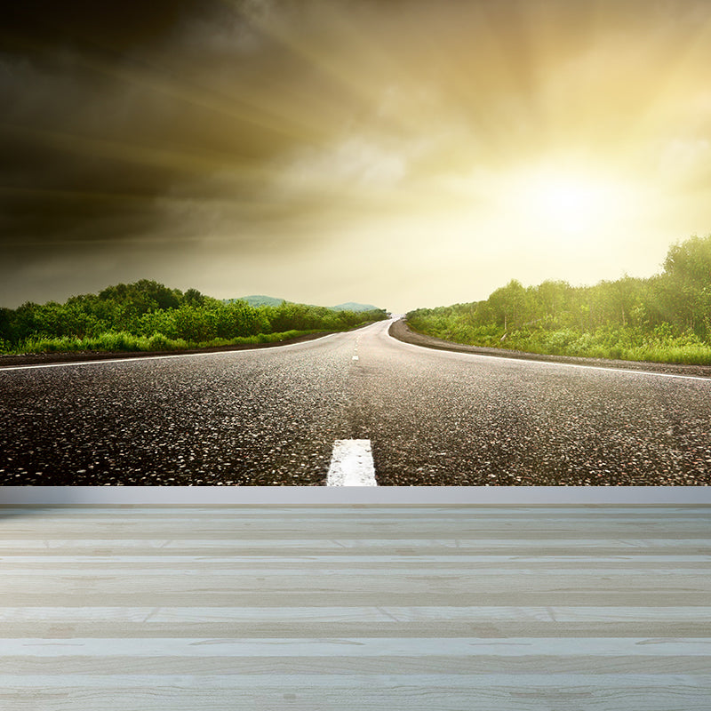 Photography Highway Wall Mural for Living Room, Light Color, Custom Size Available Green Clearhalo 'Wall Decor' 'Wall Mural' 1627088