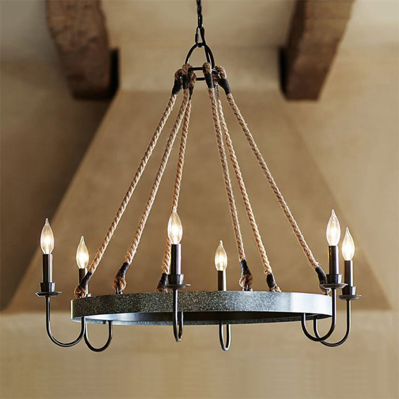 Vintage Candle Chandelier Lamp with Open Bulb 6 Heads Metal and Rope Ceiling Pendant Lamp in Black/Rust for Restaurant Clearhalo 'Cast Iron' 'Ceiling Lights' 'Chandeliers' 'Industrial Chandeliers' 'Industrial' 'Metal' 'Middle Century Chandeliers' 'Rustic Chandeliers' 'Tiffany' Lighting' 162712