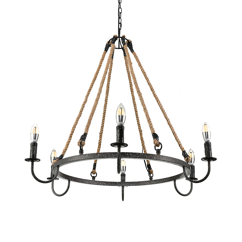 Vintage Candle Chandelier Lamp with Open Bulb 6 Heads Metal and Rope Ceiling Pendant Lamp in Black/Rust for Restaurant Clearhalo 'Cast Iron' 'Ceiling Lights' 'Chandeliers' 'Industrial Chandeliers' 'Industrial' 'Metal' 'Middle Century Chandeliers' 'Rustic Chandeliers' 'Tiffany' Lighting' 162713