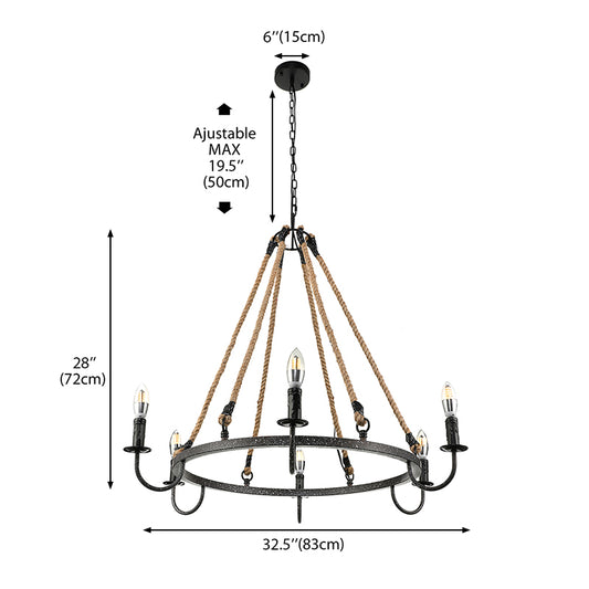 Vintage Candle Chandelier Lamp with Open Bulb 6 Heads Metal and Rope Ceiling Pendant Lamp in Black/Rust for Restaurant Clearhalo 'Cast Iron' 'Ceiling Lights' 'Chandeliers' 'Industrial Chandeliers' 'Industrial' 'Metal' 'Middle Century Chandeliers' 'Rustic Chandeliers' 'Tiffany' Lighting' 162714