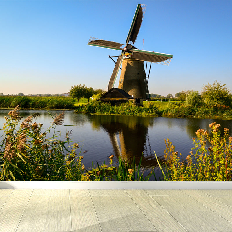 Romantic Windmill View Mural Decal for Living Room, Soft Color, Custom Size Available Blue Clearhalo 'Wall Decor' 'Wall Mural' 1627398