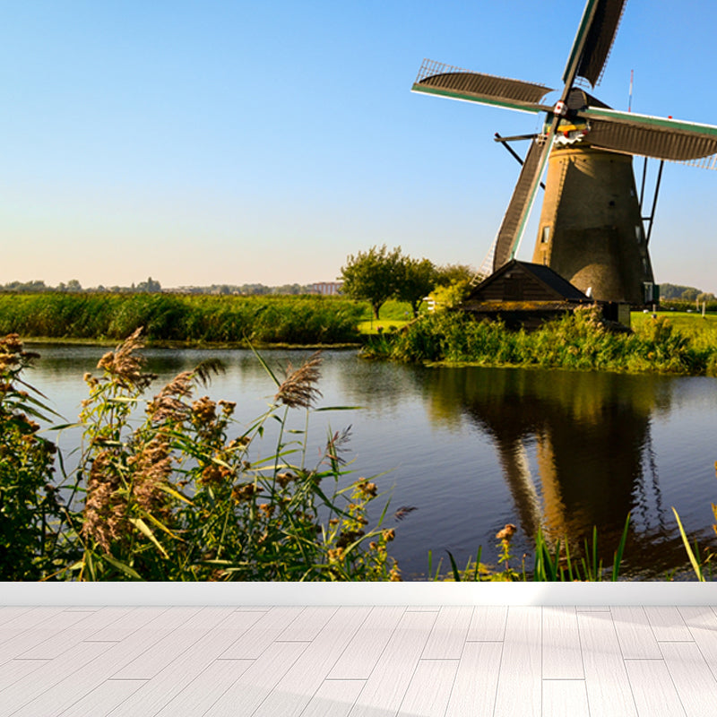Romantic Windmill View Mural Decal for Living Room, Soft Color, Custom Size Available Clearhalo 'Wall Decor' 'Wall Mural' 1627399