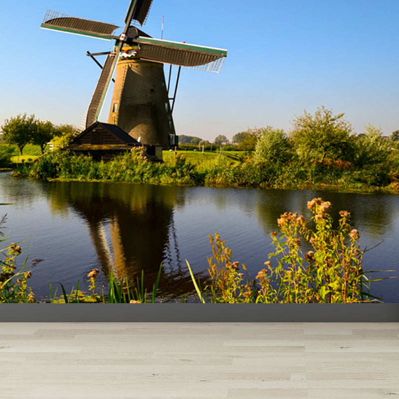 Romantic Windmill View Mural Decal for Living Room, Soft Color, Custom Size Available Clearhalo 'Wall Decor' 'Wall Mural' 1627400