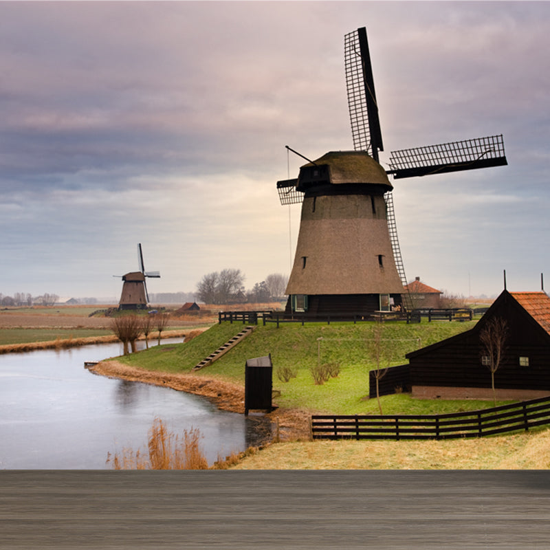 Romantic Windmill View Mural Decal for Living Room, Soft Color, Custom Size Available Light Purple Clearhalo 'Wall Decor' 'Wall Mural' 1627403