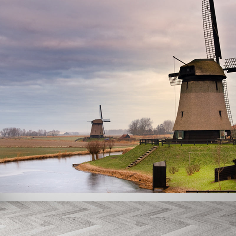 Romantic Windmill View Mural Decal for Living Room, Soft Color, Custom Size Available Clearhalo 'Wall Decor' 'Wall Mural' 1627404
