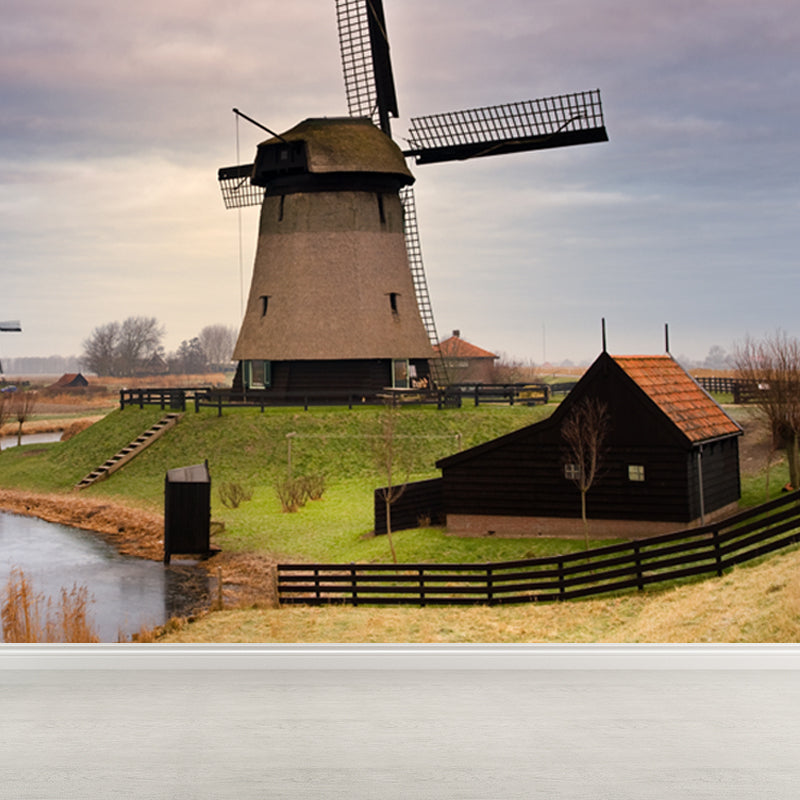 Romantic Windmill View Mural Decal for Living Room, Soft Color, Custom Size Available Clearhalo 'Wall Decor' 'Wall Mural' 1627405
