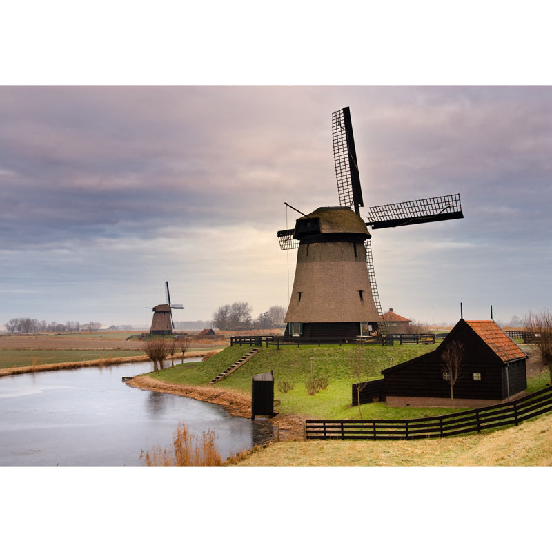 Romantic Windmill View Mural Decal for Living Room, Soft Color, Custom Size Available Clearhalo 'Wall Decor' 'Wall Mural' 1627406