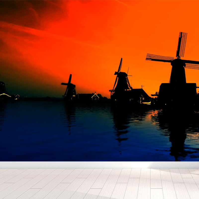 Romantic Windmill View Mural Decal for Living Room, Soft Color, Custom Size Available Orange Clearhalo 'Wall Decor' 'Wall Mural' 1627408