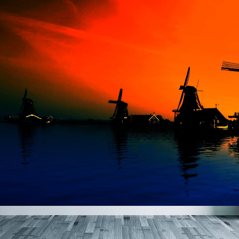 Romantic Windmill View Mural Decal for Living Room, Soft Color, Custom Size Available Clearhalo 'Wall Decor' 'Wall Mural' 1627409