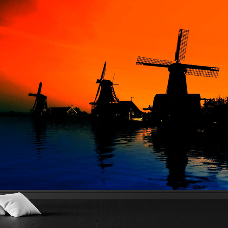 Romantic Windmill View Mural Decal for Living Room, Soft Color, Custom Size Available Clearhalo 'Wall Decor' 'Wall Mural' 1627410