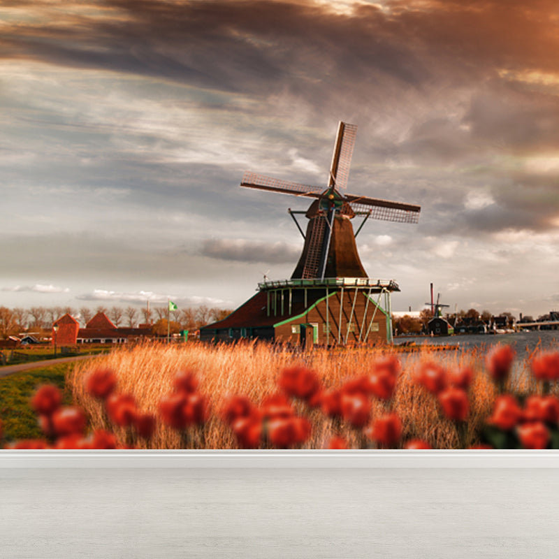 Romantic Windmill View Mural Decal for Living Room, Soft Color, Custom Size Available Clearhalo 'Wall Decor' 'Wall Mural' 1627414