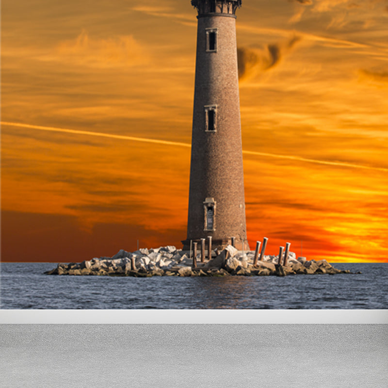 Large Lighthouse Mural Wallpaper Coastal Sea Landscape Wall Covering in Pastel Color Orange Clearhalo 'Wall Decor' 'Wall Mural' 1627418