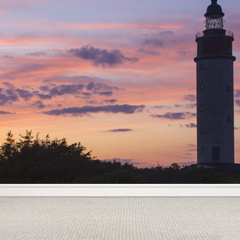 Large Lighthouse Mural Wallpaper Coastal Sea Landscape Wall Covering in Pastel Color Clearhalo 'Wall Decor' 'Wall Mural' 1627424