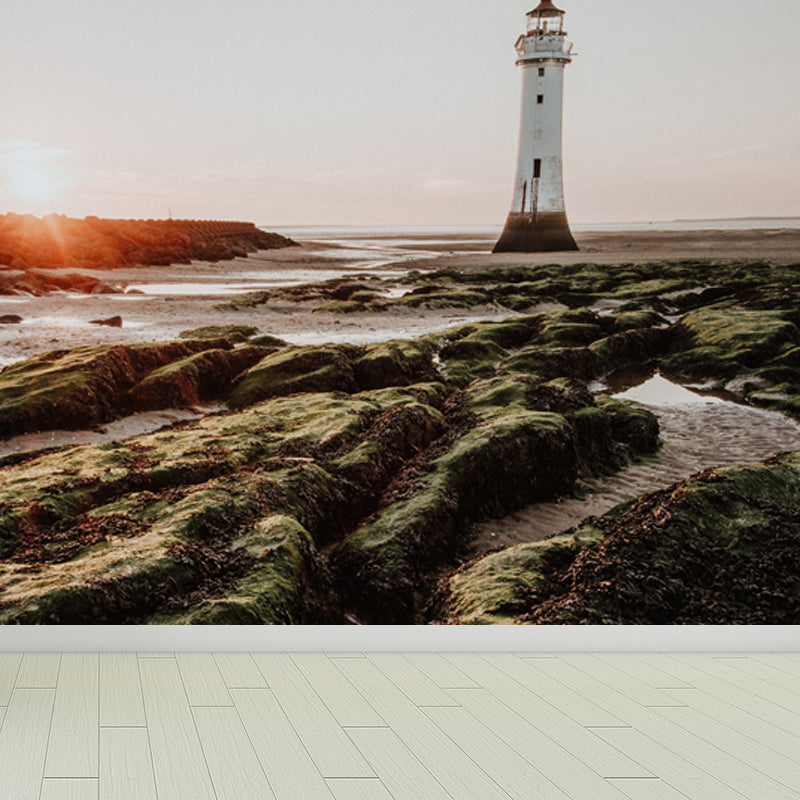 Large Lighthouse Mural Wallpaper Coastal Sea Landscape Wall Covering in Pastel Color Blackish Green Clearhalo 'Wall Decor' 'Wall Mural' 1627433
