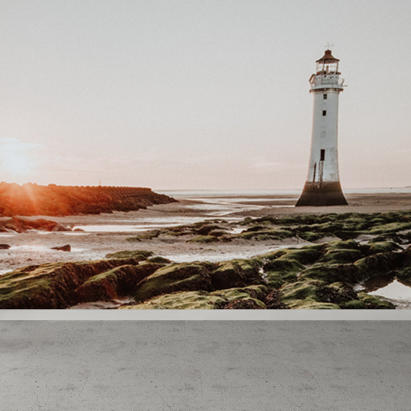 Large Lighthouse Mural Wallpaper Coastal Sea Landscape Wall Covering in Pastel Color Clearhalo 'Wall Decor' 'Wall Mural' 1627434