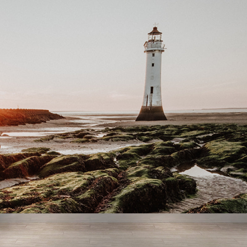 Large Lighthouse Mural Wallpaper Coastal Sea Landscape Wall Covering in Pastel Color Clearhalo 'Wall Decor' 'Wall Mural' 1627435