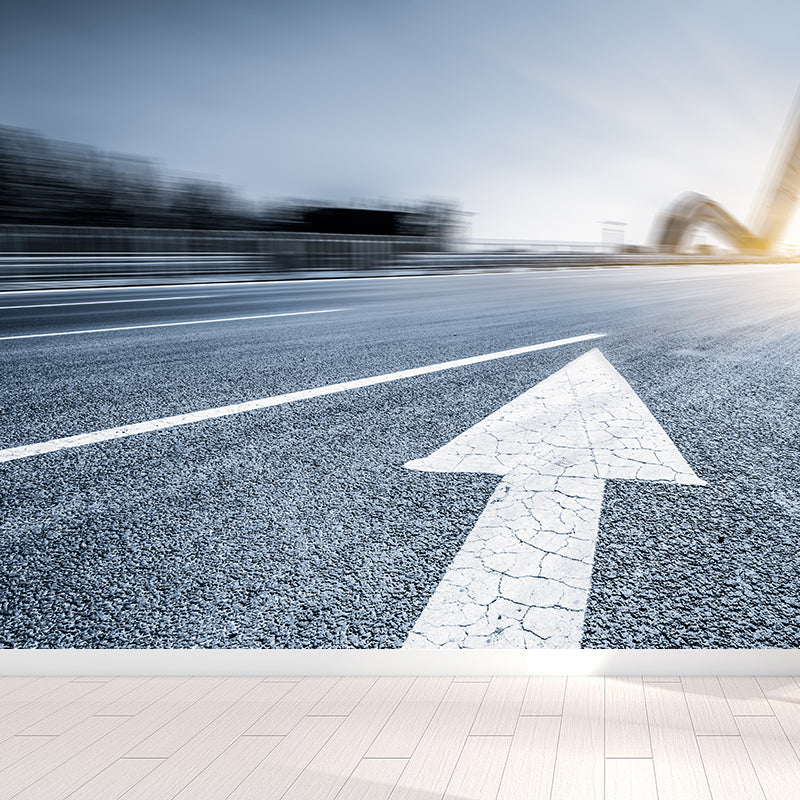 Photograph Style Morning Road Mural Giant Wall Covering for Dining Room, Made to Measure Light Blue Clearhalo 'Wall Decor' 'Wall Mural' 1627498