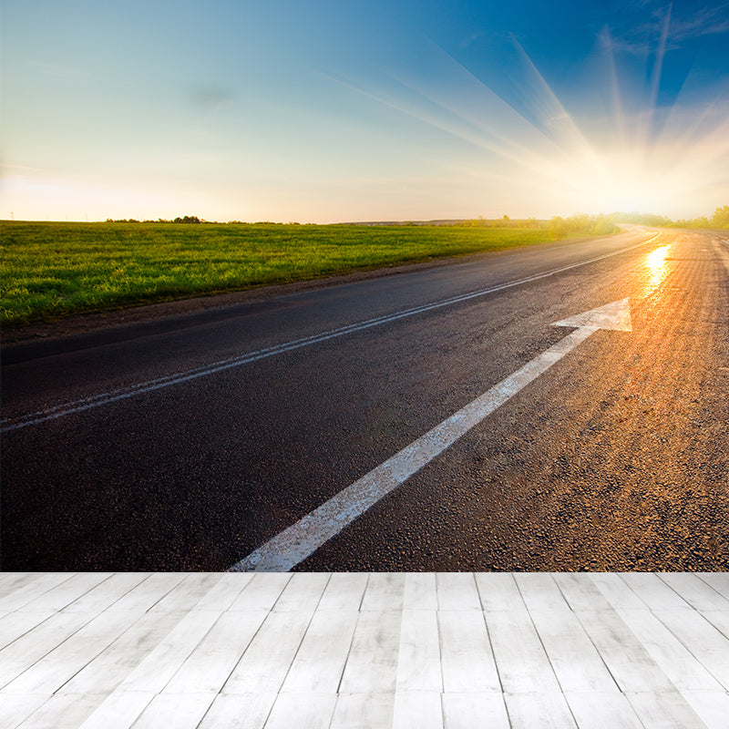 Photograph Style Morning Road Mural Giant Wall Covering for Dining Room, Made to Measure Sky Blue Clearhalo 'Wall Decor' 'Wall Mural' 1627503