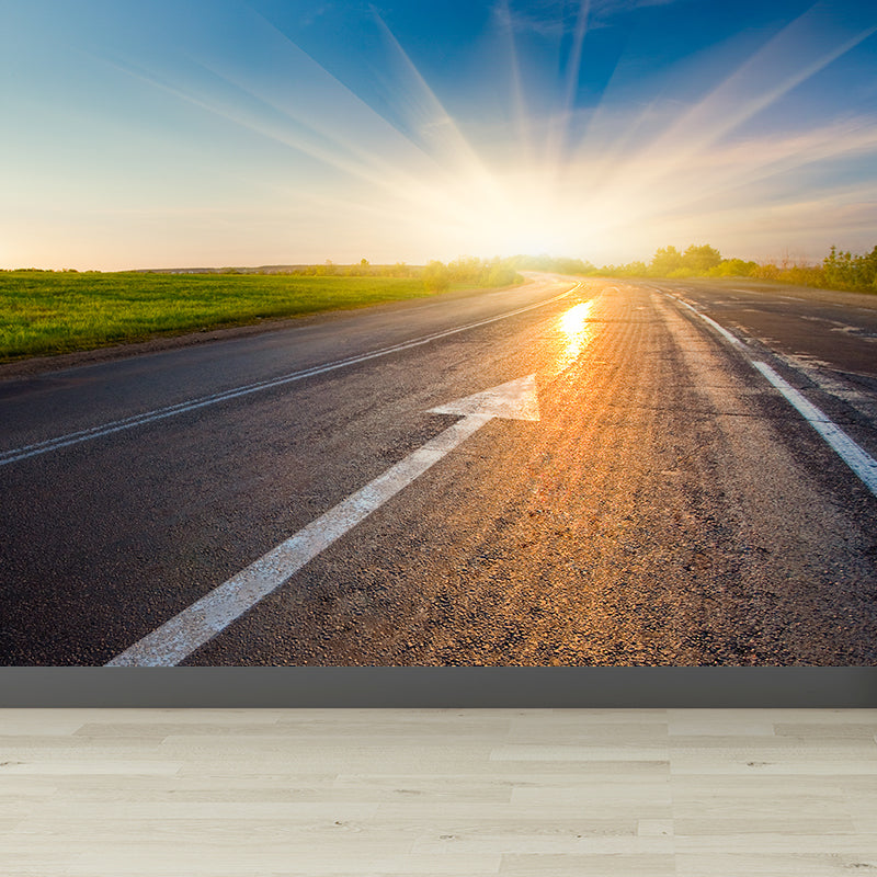 Photograph Style Morning Road Mural Giant Wall Covering for Dining Room, Made to Measure Clearhalo 'Wall Decor' 'Wall Mural' 1627505