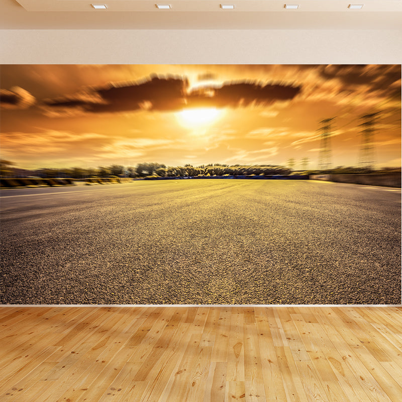 Photograph Style Morning Road Mural Giant Wall Covering for Dining Room, Made to Measure Yellow Clearhalo 'Wall Decor' 'Wall Mural' 1627513