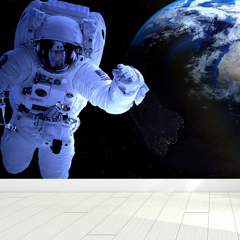 Blue Fictional Wall Mural Huge Astronaut and Earth Wall Covering for Living Room Blue Design 1 Clearhalo 'Wall Decor' 'Wall Mural' 1627538