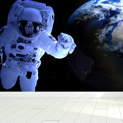 Blue Fictional Wall Mural Huge Astronaut and Earth Wall Covering for Living Room Blue Design 1 Clearhalo 'Wall Decor' 'Wall Mural' 1627538