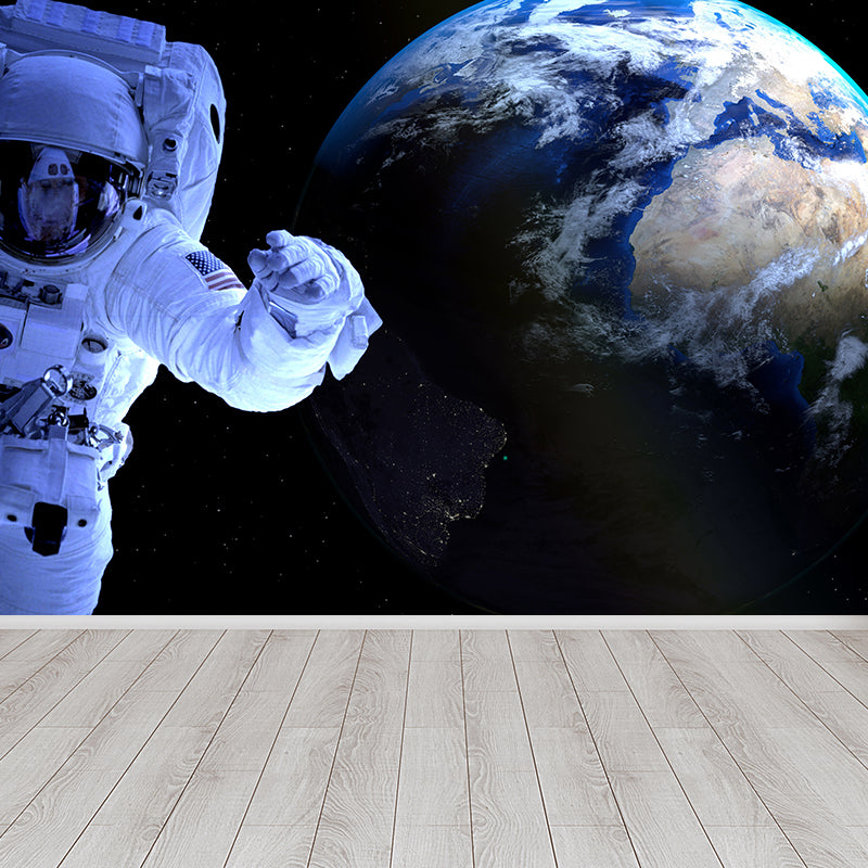 Blue Fictional Wall Mural Huge Astronaut and Earth Wall Covering for Living Room Clearhalo 'Wall Decor' 'Wall Mural' 1627540