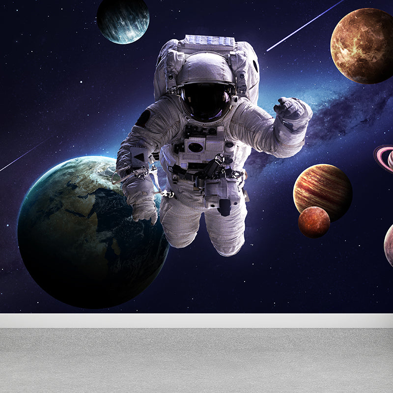 Blue Fictional Wall Mural Huge Astronaut and Earth Wall Covering for Living Room Blue Design 2 Clearhalo 'Wall Decor' 'Wall Mural' 1627543