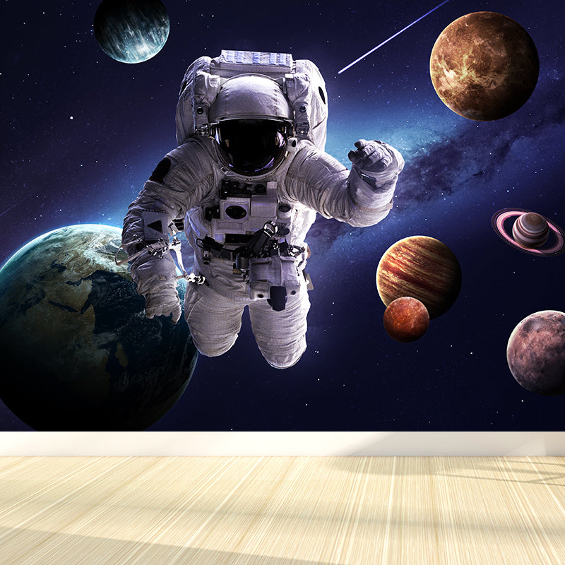 Blue Fictional Wall Mural Huge Astronaut and Earth Wall Covering for Living Room Clearhalo 'Wall Decor' 'Wall Mural' 1627544