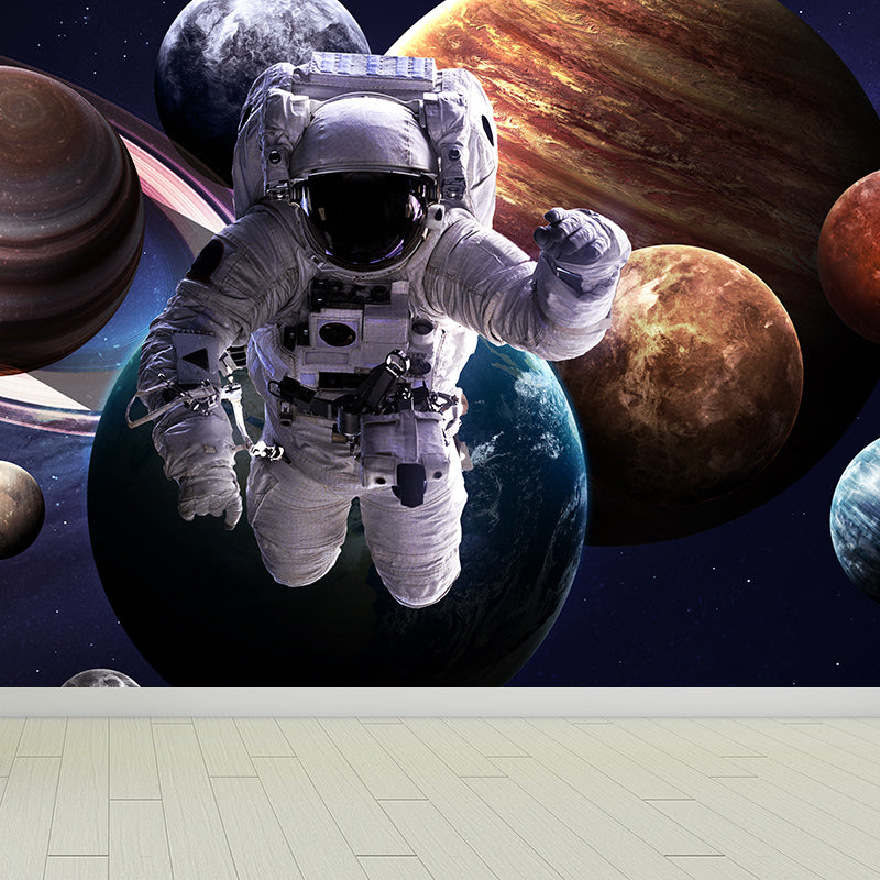 Blue Fictional Wall Mural Huge Astronaut and Earth Wall Covering for Living Room Clearhalo 'Wall Decor' 'Wall Mural' 1627550