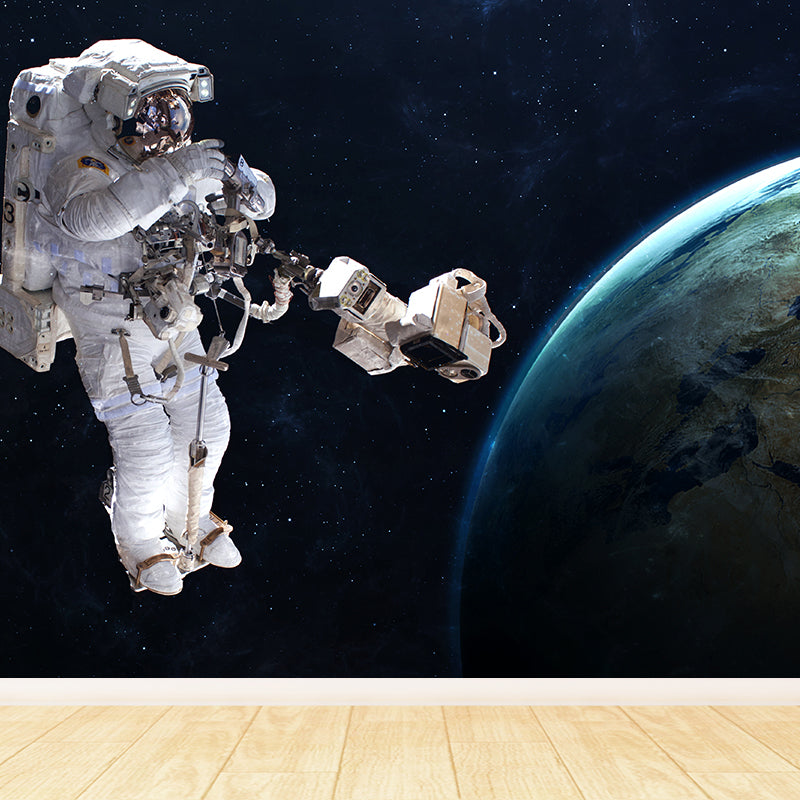 Blue Astronaut and Earth Mural Universe Sci-Fi Stain-Proof Wall Decor for Kitchen Blue Design 1 Clearhalo 'Wall Decor' 'Wall Mural' 1627638