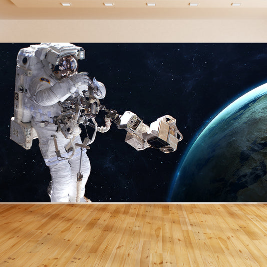 Blue Astronaut and Earth Mural Universe Sci-Fi Stain-Proof Wall Decor for Kitchen Clearhalo 'Wall Decor' 'Wall Mural' 1627640