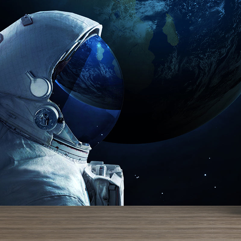 Blue Astronaut and Earth Mural Universe Sci-Fi Stain-Proof Wall Decor for Kitchen Clearhalo 'Wall Decor' 'Wall Mural' 1627649